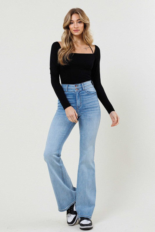 Double Button High Waisted Flare Jeans