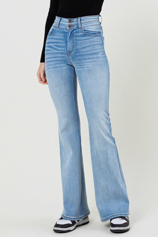 Double Button High Waisted Flare Jeans